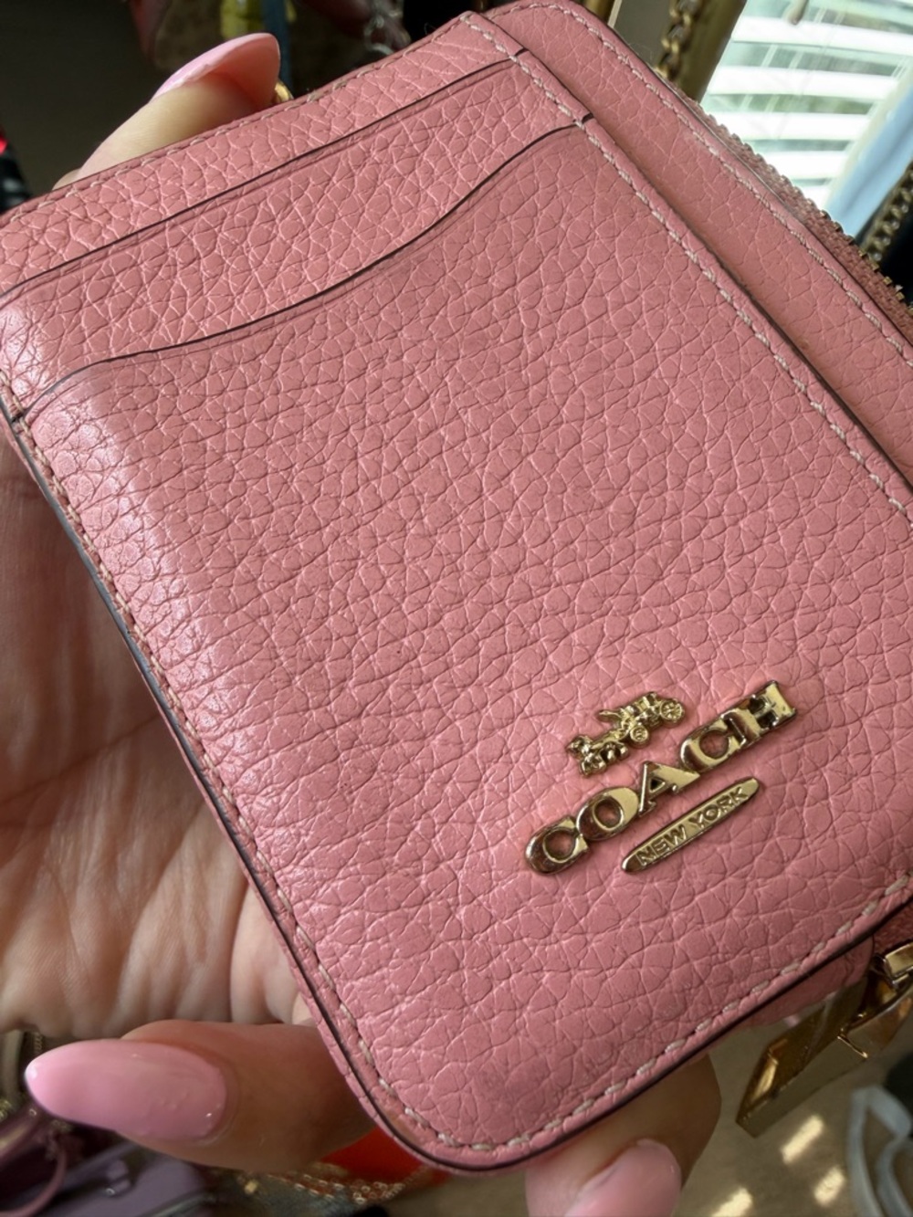 Coach Pink Pebbled Leather Card Holder Wallet Wristlet gold Chain Id 🪪 holder - Picture 17 of 17